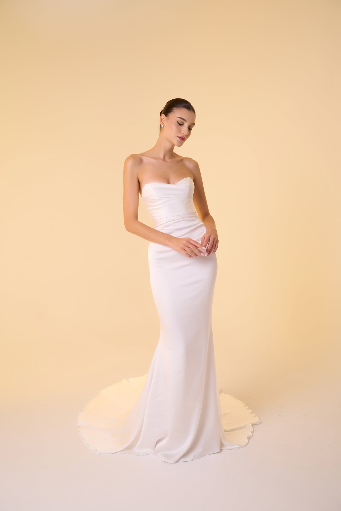 ruching wedding dress Brooke Ruched Flare layered chiffon trumpet skirt As Is Satin Ruched Wedding