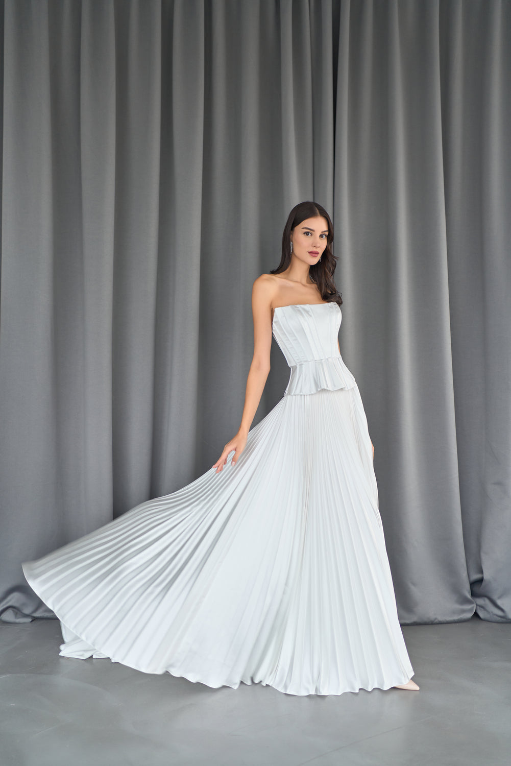pleated skirt evening dress Gold Metallic Pleated Gown with Ruffle Shoulder Detail