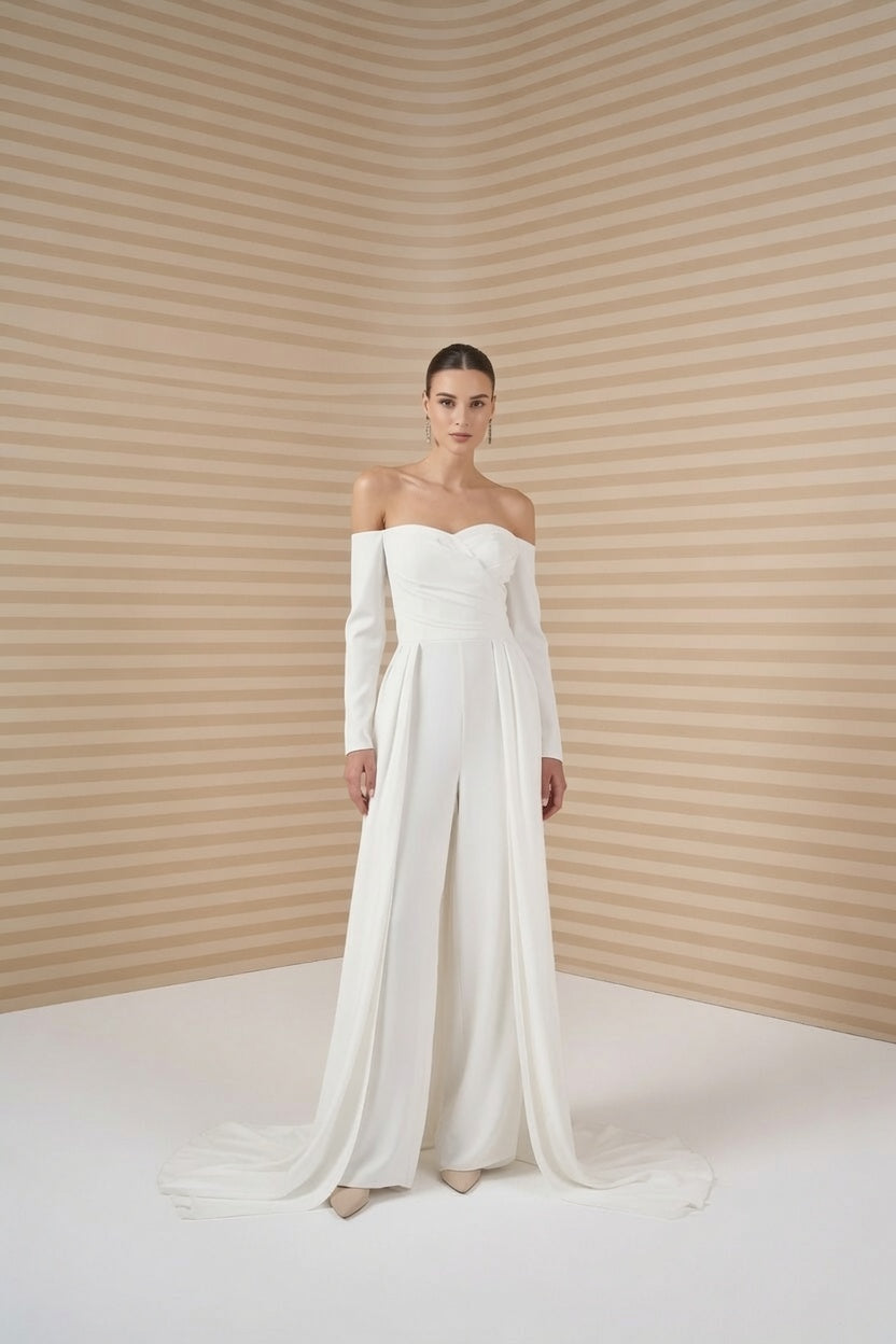 Off-Shoulder White Jumpsuit by Idina Bride