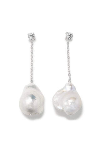 Sculptural drop earrings with cascading recycled silver chains, luminous baroque pearls, and a brilliant-cut cubic zirconia stud.