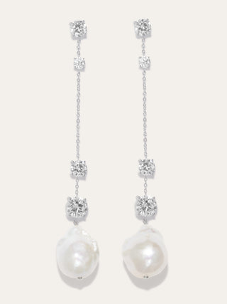 Exquisite drop earrings featuring cascading zirconia stones and organic baroque pearls, suspended from delicate recycled silver chains.