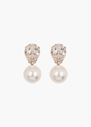 Pair of earrings with pearl-like stones and crystal-like tops on a white background