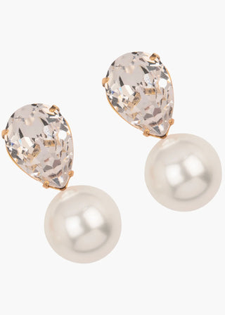 Pair of earrings with teardrop-shaped crystals and round pearls on a white background