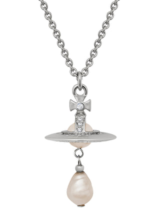 Platinum Aleksa Pendant by Vivienne Westwood featuring a 3D orb with shimmering crystals and a baroque pearl drop.