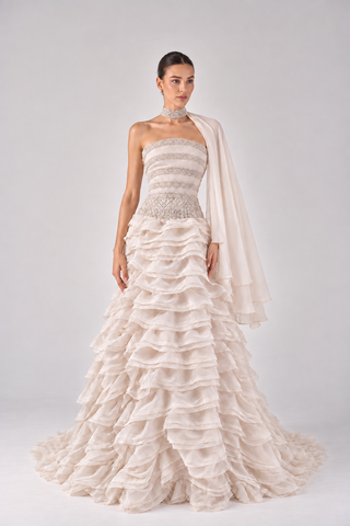 Embellished fitted bodice tiered ruffle gown