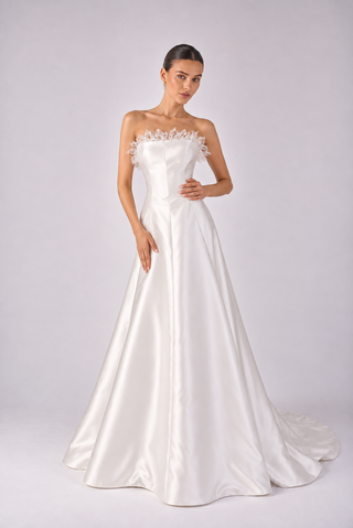 Bloom square neck A-line gown with lace trim