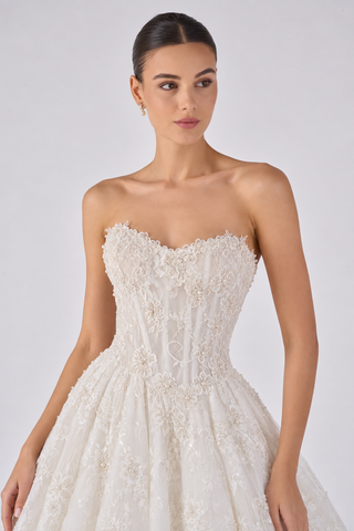 Strapless Pearl Lace Ball Gown