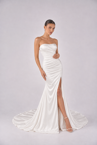Kyha satin bridal gown with overskirt