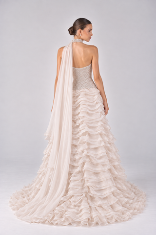 Embellished fitted bodice tiered ruffle gown