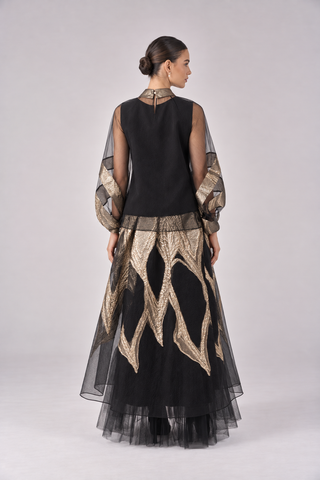 Verda black-gold appliqué sheer mesh tunic & skirt set