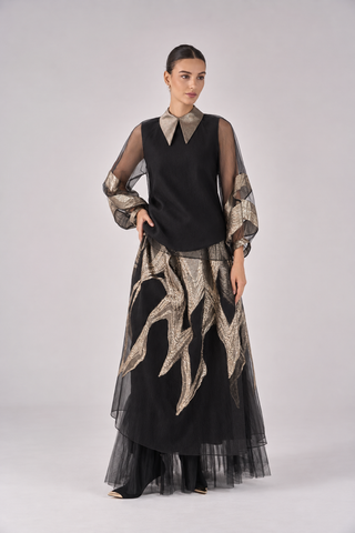 Verda black-gold appliqué sheer mesh tunic & skirt set