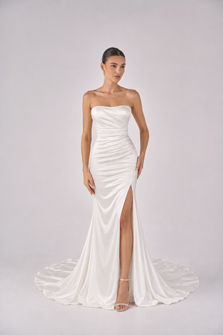 Kyha satin bridal gown with overskirt