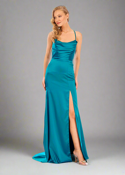 Formal Party Macys Dresses Lily Cowl Neck Satin Gown  Designer Formal  Evening Dress By Nadia's In Stock Teal 14