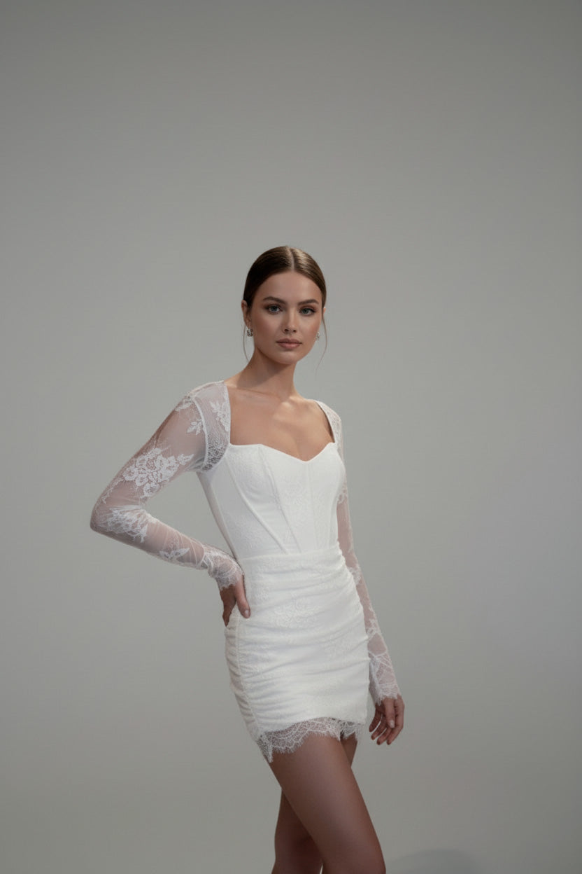 Luciana Ruched Lace Mini Bridal Dress | Sweetheart Neckline, Sleeveless Nadia's Luciana Ruched Lace Mini Bridal Dress | Sweetheart Neckline, Sleeveless Nadia's