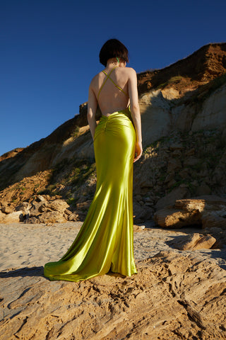 Sophisticated formal gown showcasing plunging V-neck, fitted bodice and alluring mermaid cut