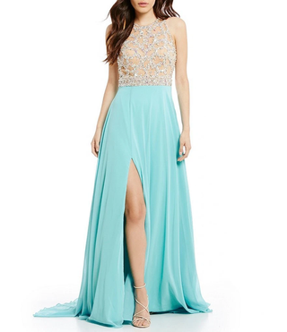 Luxury A-line evening gown with high halter neckline, beaded bodice, and flowing slit chiffon skirt