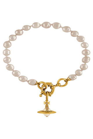 Aleksa bracelet in gold finish by Vivienne Westwood showcasing 8mm glass-based baroque pearls.