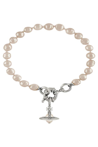 Aleksa bracelet in platinum finish by Vivienne Westwood featuring 8mm glass-based baroque pearls.
