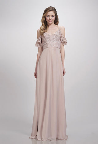 Maxi evening gown with sweetheart lace bodice, flowing A-line skirt, and romantic off-shoulder sleeves