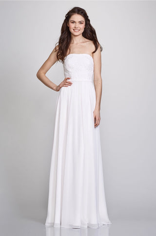 Strapless evening gown with embroidered fitted bodice and flowing A-line chiffon skirt