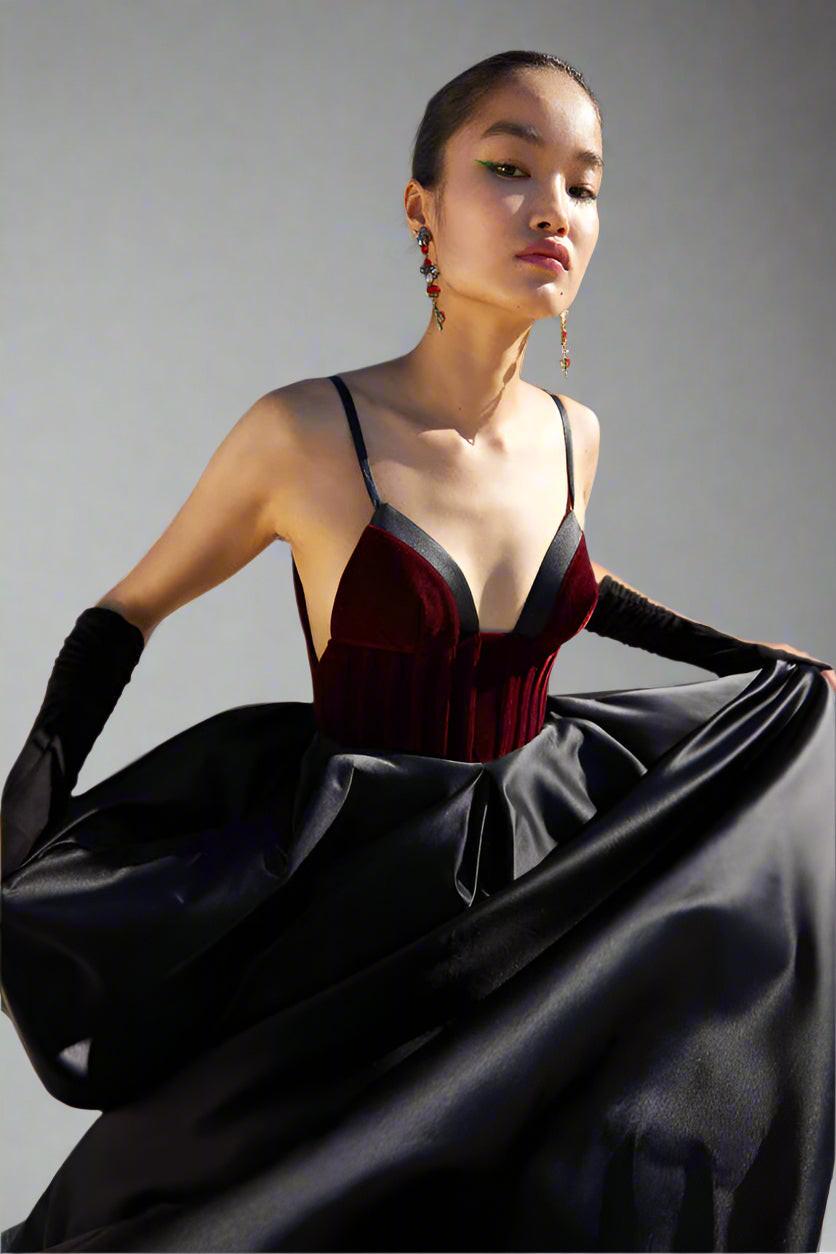 Elegant Velvet Corset Ball Gown – Plunging Designer Evening Dress Made to Order / Black / 2 Elegant Velvet Corset Ball Gown – Plunging Designer Evening Dress Made to Order / Black / 2